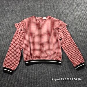 Love+Harmony Red Gingham Plaid Ruffle Shoulder Blouse Striped Trim Small